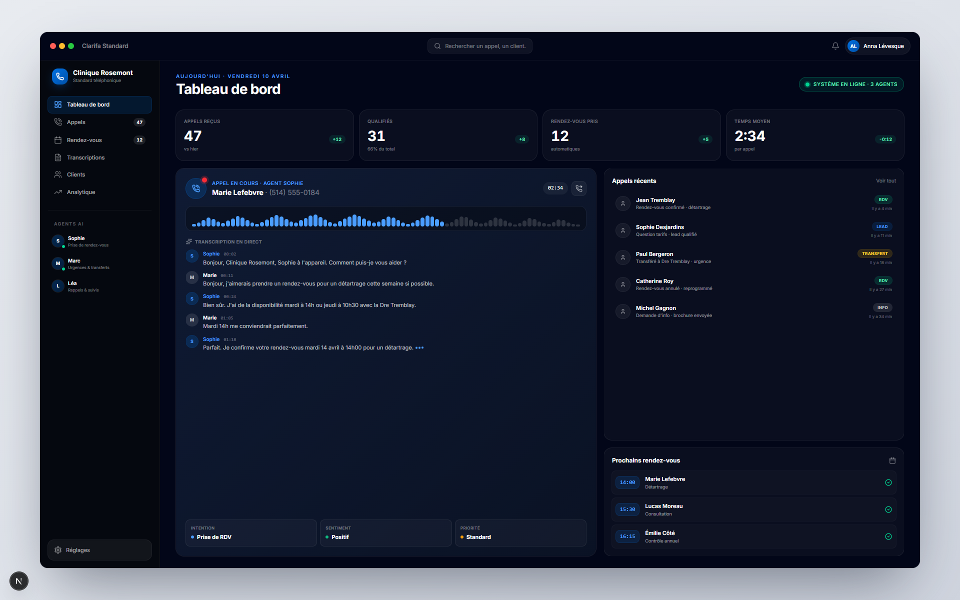 Dashboard réceptionniste AI de Clarifa: appel en direct avec transcription, KPIs, rendez-vous automatiques pour Clinique Rosemont